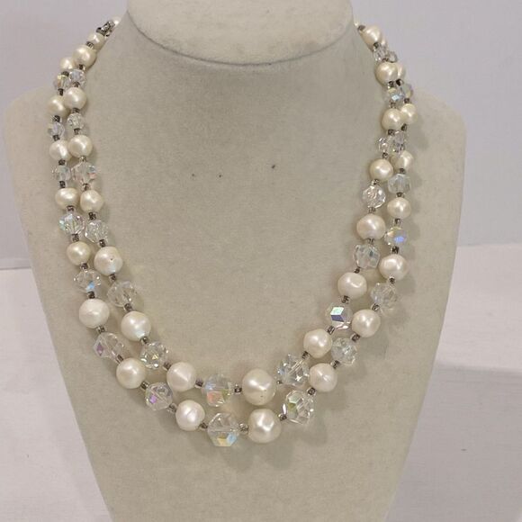 Vintage Signed Laguna Aurora Borealis Glass & Faux Pearl Bead 2 Strand Necklace - Picture 1 of 11
